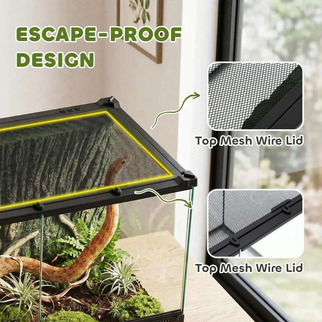 PawHut Reptile Glass Terrarium with Stone Background, Front Ventilation, Escape-Proof Knob Lock, 50 x 30 x 35 cm, Black - from PawHut