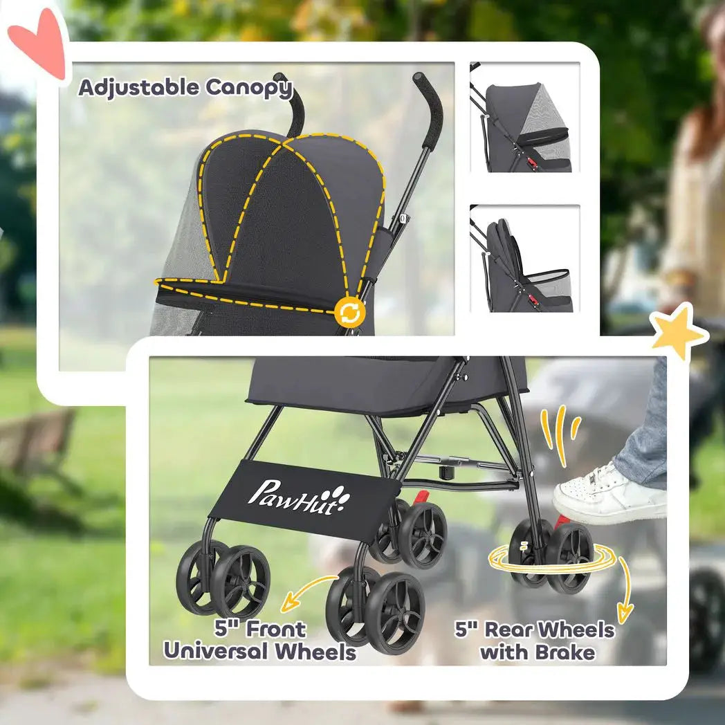PawHut Dog Stroller, Foldable Cat Dog Pram for Miniature Breeds, Pet Stroller with Brake, Mesh Windows, Dark Grey - from PawHut
