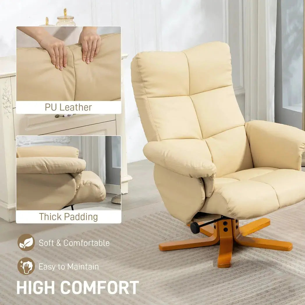 HOMCOM PU Leather Swivel Recliner Chair with Footstool, Wooden Base and Storage for Living Room, Beige - from HOMCOM