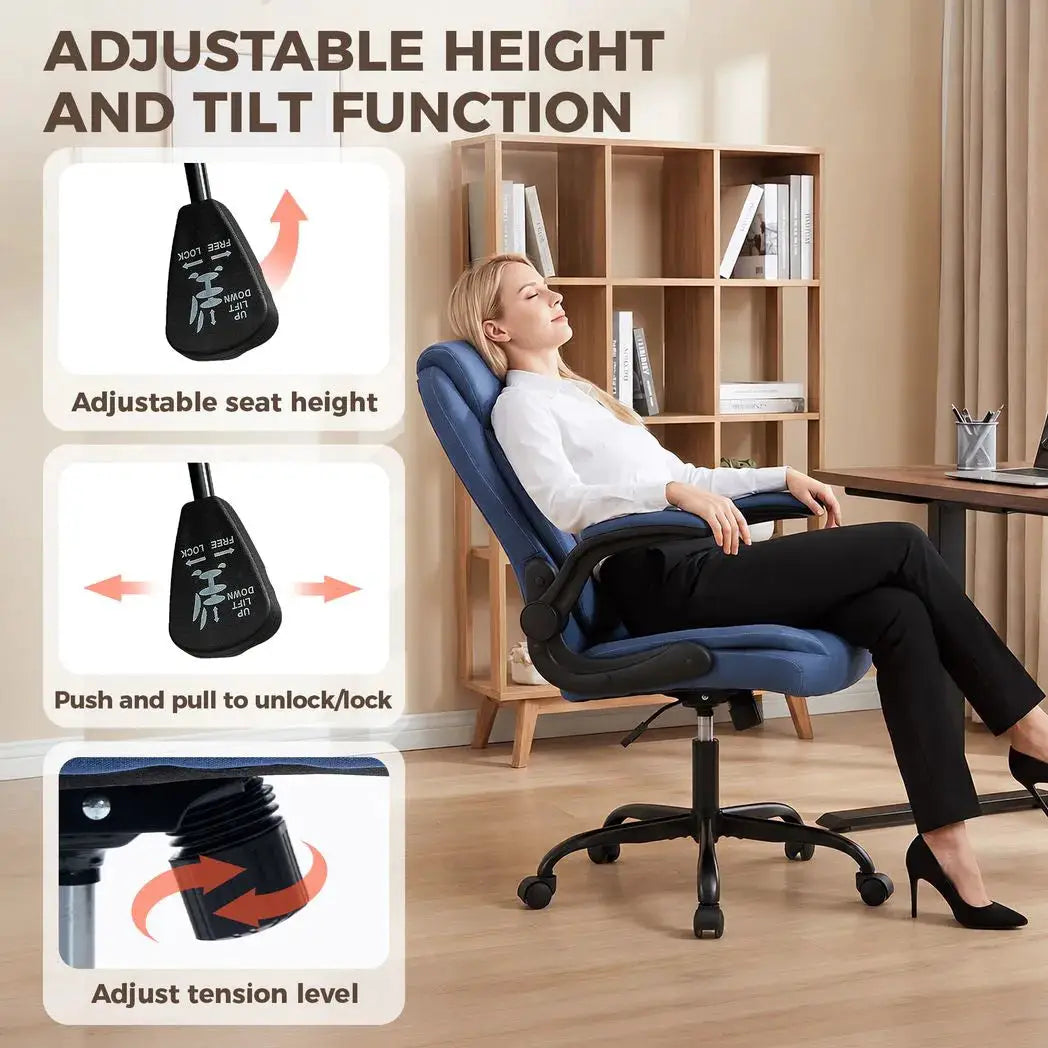 HOMCOM Linen-Look Computer Desk Chair, Executive Office Chair with Flip-Up Armrests and Thick Cushion, Blue - from HOMCOM