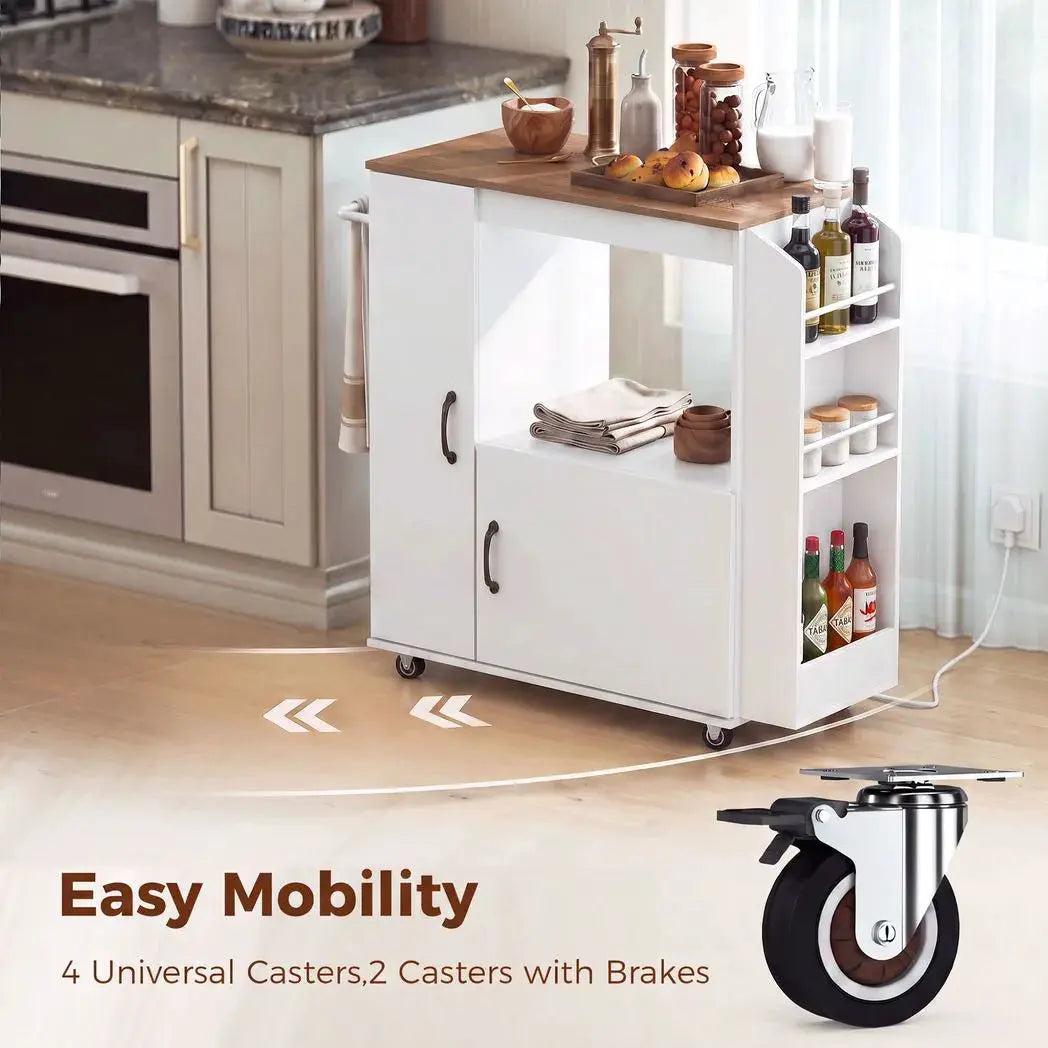 HOMCOM Kitchen Trolley on Wheels, Rolling Kitchen Island Cart with Power Outlet, Cabinet, Pull-Out Drawer, White - from HOMCOM