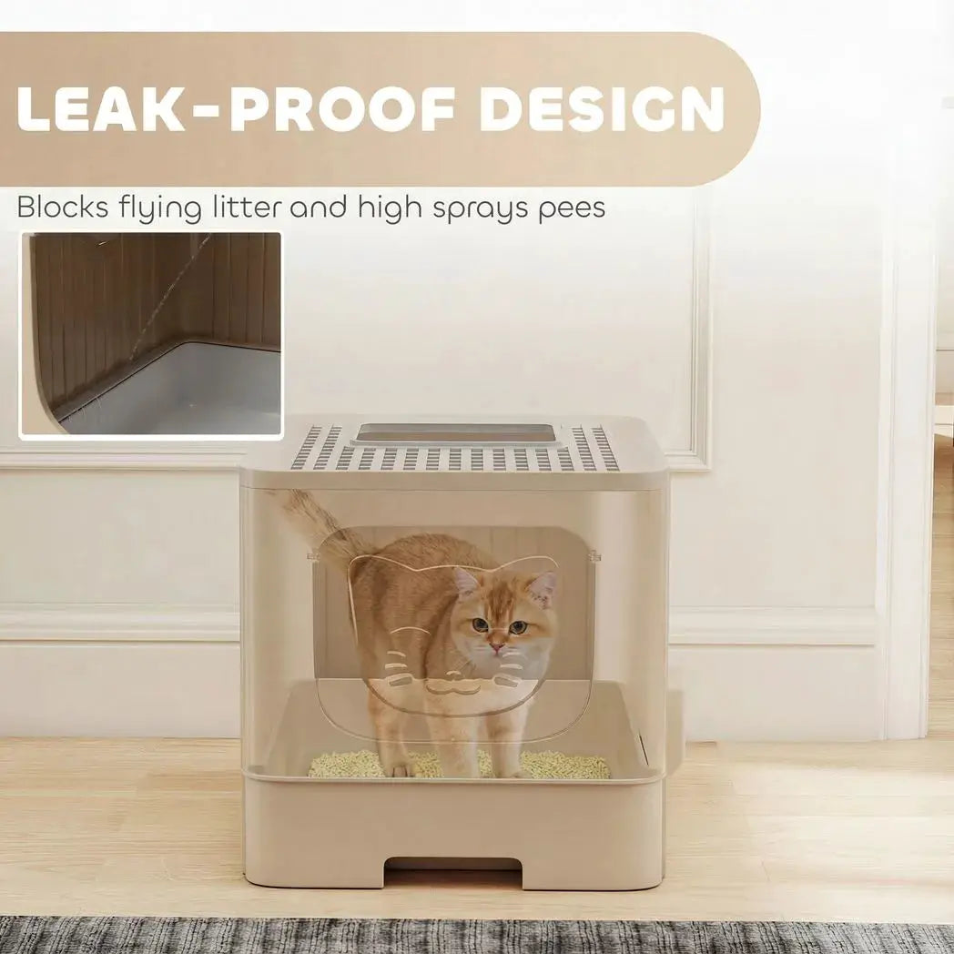 PawHut Cat Litter Box with Lid, Slide-Out Drawer, Scoop, Easy Clean, Odour Control, Anti-Splashing, Khaki - from PawHut