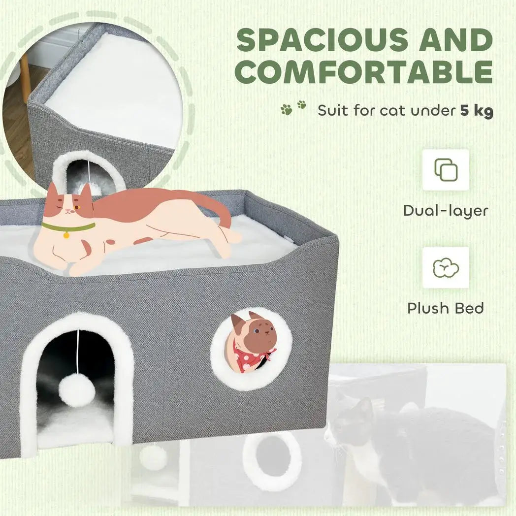 PawHut Cat Bed for Indoor Pets, Foldable Cat House with Fluffy Ball and Scratch Pad for Small and Medium Pets, Grey - from PawHut