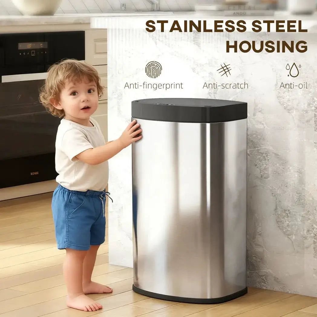 HOMCOM 55L Sensor Bin with Soft-Close Lid, Automatic Touchless Motion Sensor Kitchen Bin with Fingerprint Resistant Stainless Steel for Hygienic Gyms, Home Office Use, Silver Tone - from HOMCOM