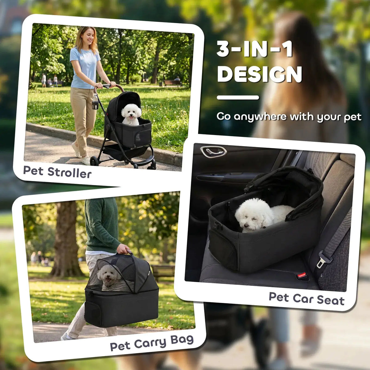 PawHut Dog Stroller, 3 in 1 Foldable Pet Stroller for Small Puppy Cat with Detachable Travel Carrier, Storage Basket, Black - from PawHut