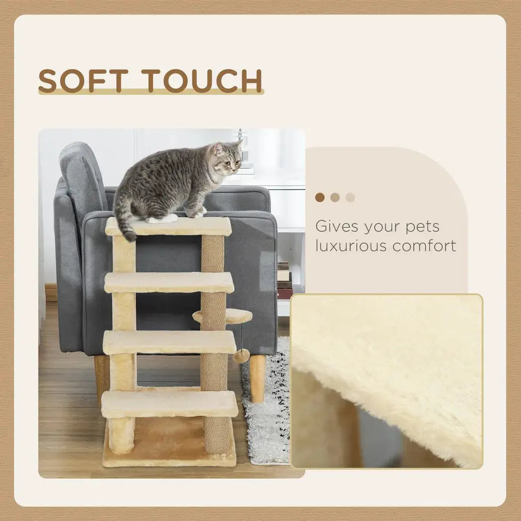 PawHut 4-step Pet Stairs with Scratching Posts, Platforms, Toy Ball, Beige - from PawHut