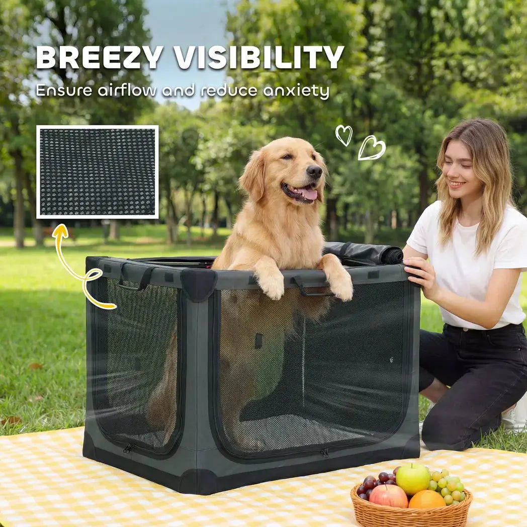 PawHut Soft Dog Crate Pet Travel Crate 90 x 64 x 64 cm with Removable Pad Mesh Window Army Green - from PawHut