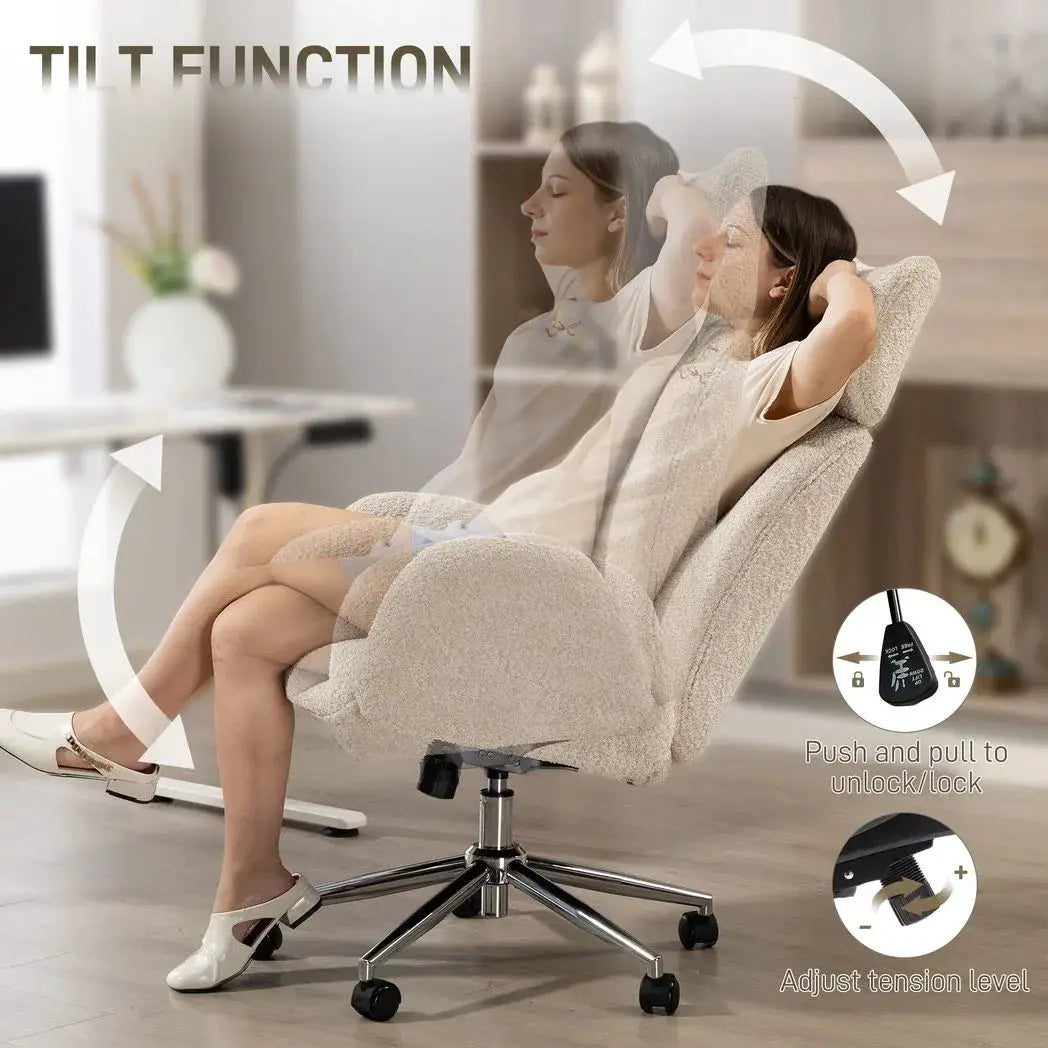 HOMCOM Office Chair with Adjustable Headrest, Spring Pack, Curved Line, Boucle Fabric - Pale Grey - from HOMCOM