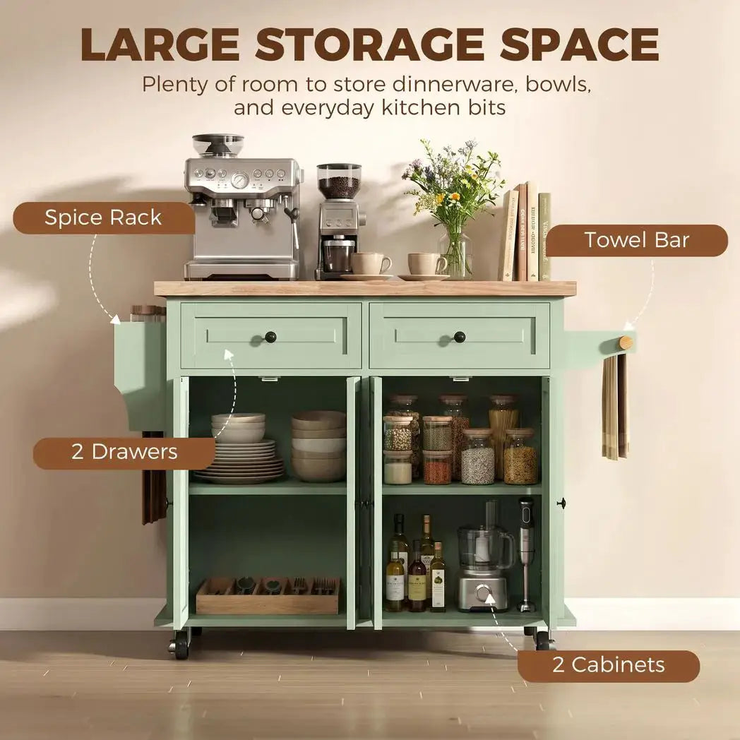 HOMCOM Rolling Kitchen Island Storage Trolley with Rubber Wood Top & Drawers for Dining Room, Light Green - from HOMCOM
