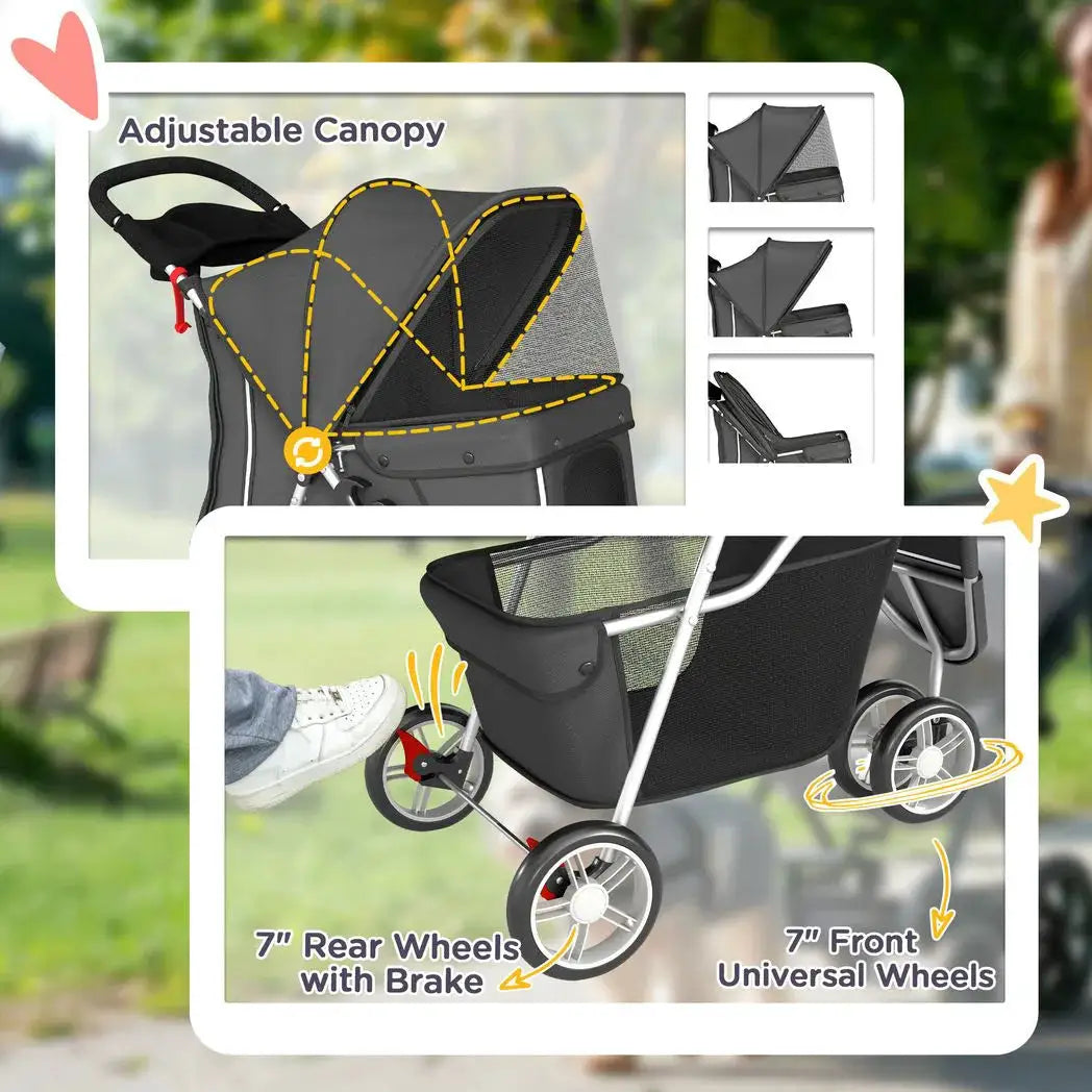 PawHut Dog Stroller, 3 Wheels Foldable Pet Stroller with Adjustable Canopy, Storage Basket for Small Mini Breeds, Dark Grey - from PawHut