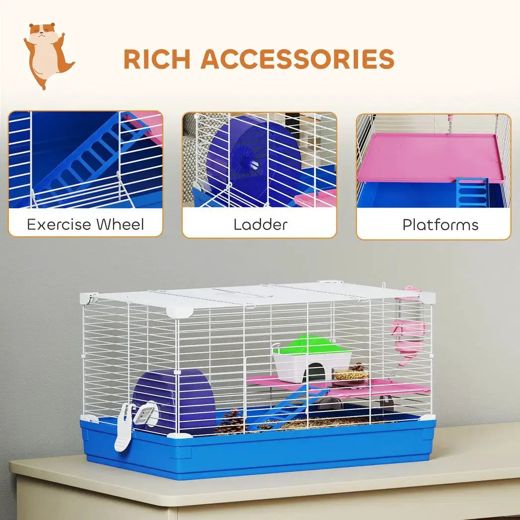 PawHut Hamster Cage, Small Gerbil Cage 2 Tiers Portable w/ Handle, Exercise Wheel, Water Bottle, Dishes, Blue - from PawHut