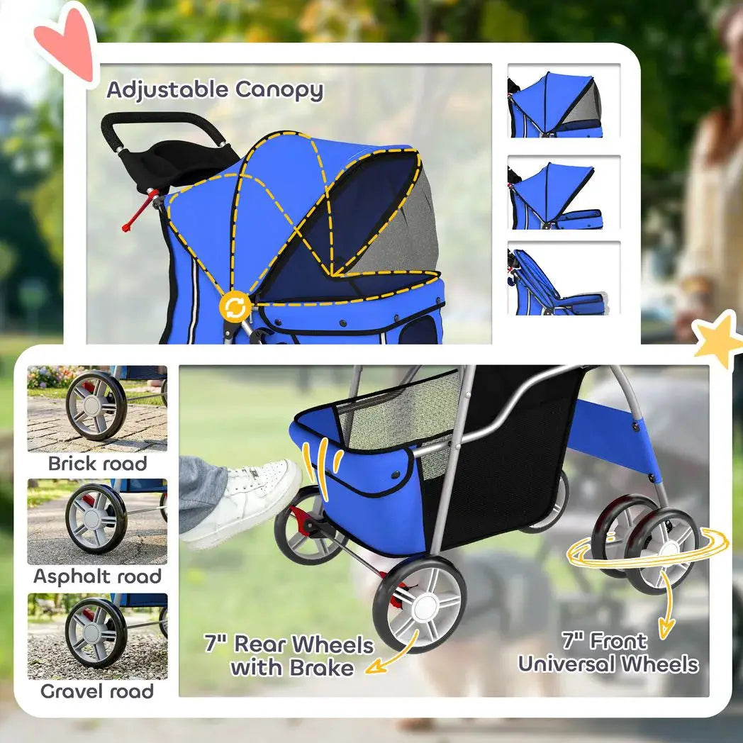 PawHut Dog Pram, Pet Stroller with Reflective Strips, Foldable Cat Stroller with 360° Swivel Wheels, Blue - from PawHut