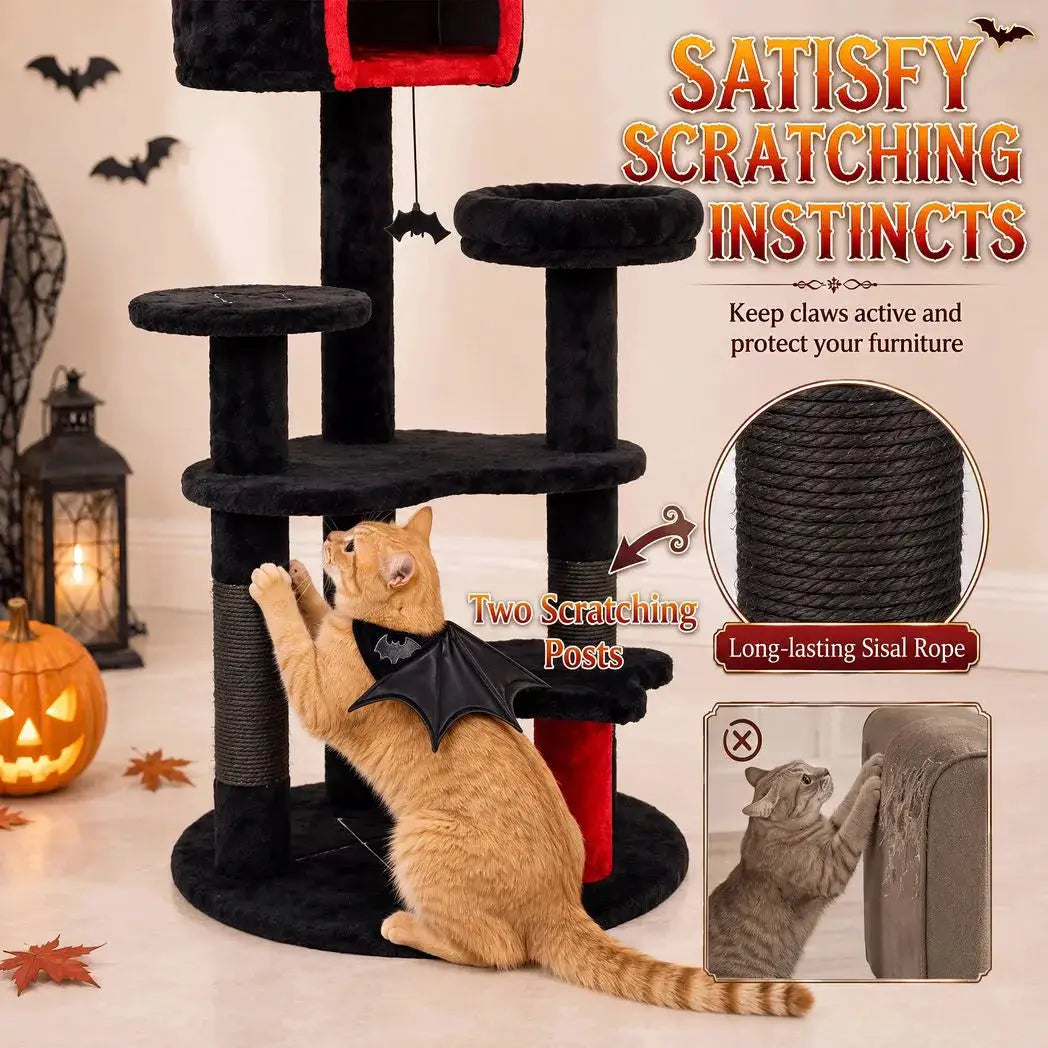 PawHut Gothic Cat Tree, 155cm Cat Tower for Indoor Kittens, Multi-Level Stable Kitten Activity Centre, Black, Halloween - from PawHut