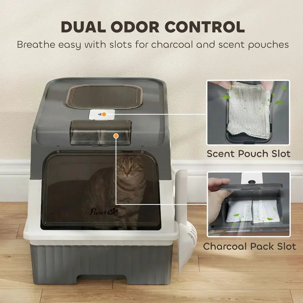 PawHut Enclosed Cat Litter Box with Lid, Pull-Out Drawer Tray, Scoop, 2 Deodorisation Bags, Front Entry & Top Exit, Grey - from PawHut