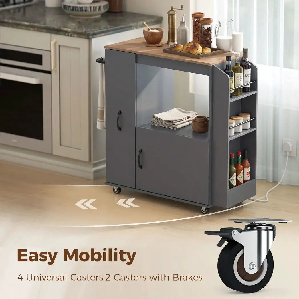 HOMCOM Kitchen Trolley on Wheels, Rolling Kitchen Island Cart with Power Outlet, Cabinet, Pull-Out Drawer, Grey - from HOMCOM
