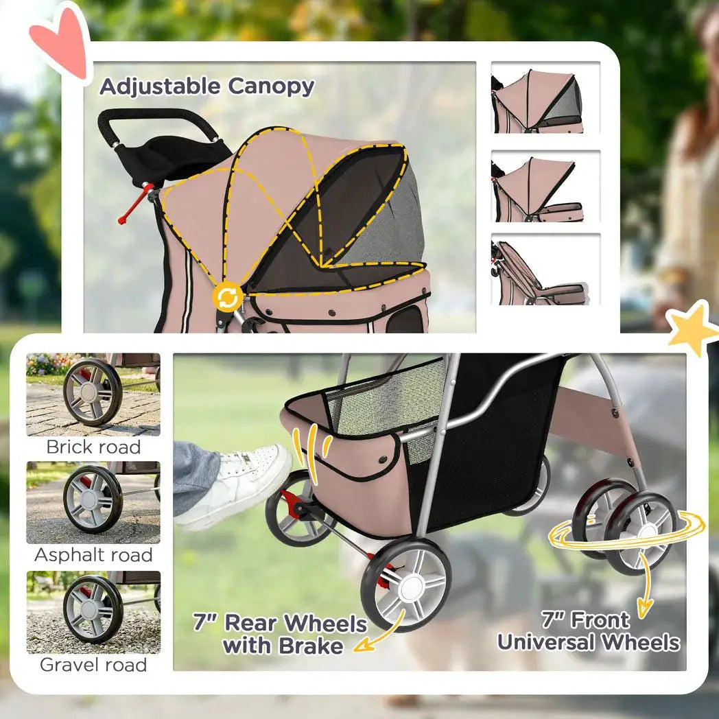 PawHut Dog Pram, Pet Stroller with Reflective Strips, Foldable Cat Stroller with 360° Swivel Wheels, Brown - from PawHut