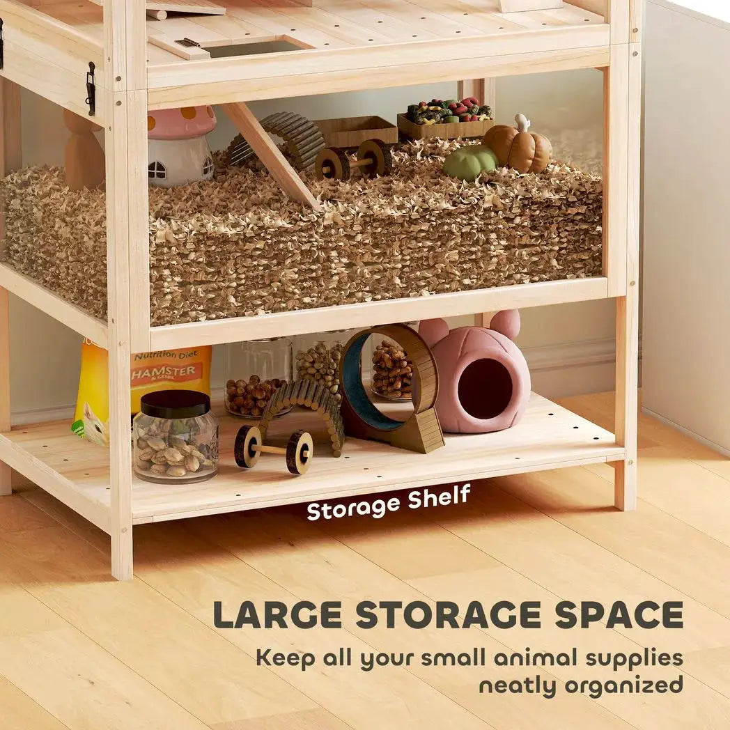 PawHut Wooden Hamster Cage with Detachable Lower Floor, Storage Shelf, Hut, Seesaw, Exercise Wheel, Ramps for Hamster - from PawHut