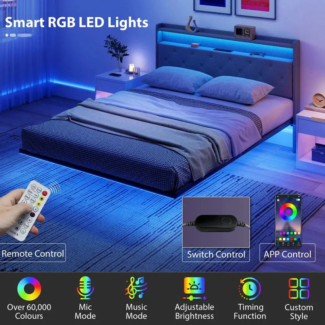 HOMCOM Floating Bed Frame, Upholstered 5ft King Size Bed, Platform Bed with RGB LED Lights and Charging Station, Grey - from HOMCOM