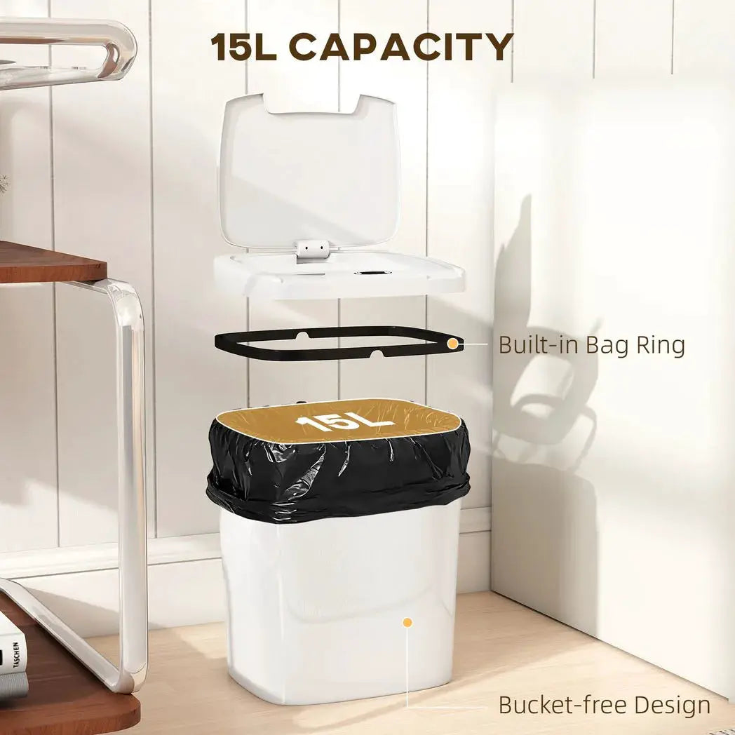 HOMCOM 15L Sensor Bin, Automatic Touchless Kitchen Bin, Easy Clean, Battery Operated for Home Office, Bedroom, Bathroom, White - from HOMCOM