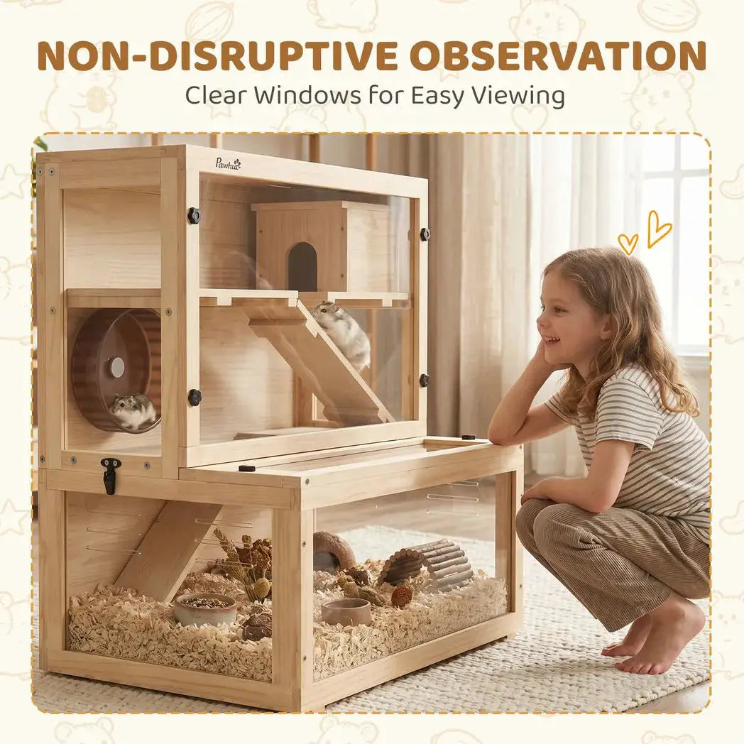 PawHut Wooden Hamster Cage with Hut, Wheel, Ramps, Removable Viewing Panels, 80 x 50 x 84 cm, Natural - from PawHut