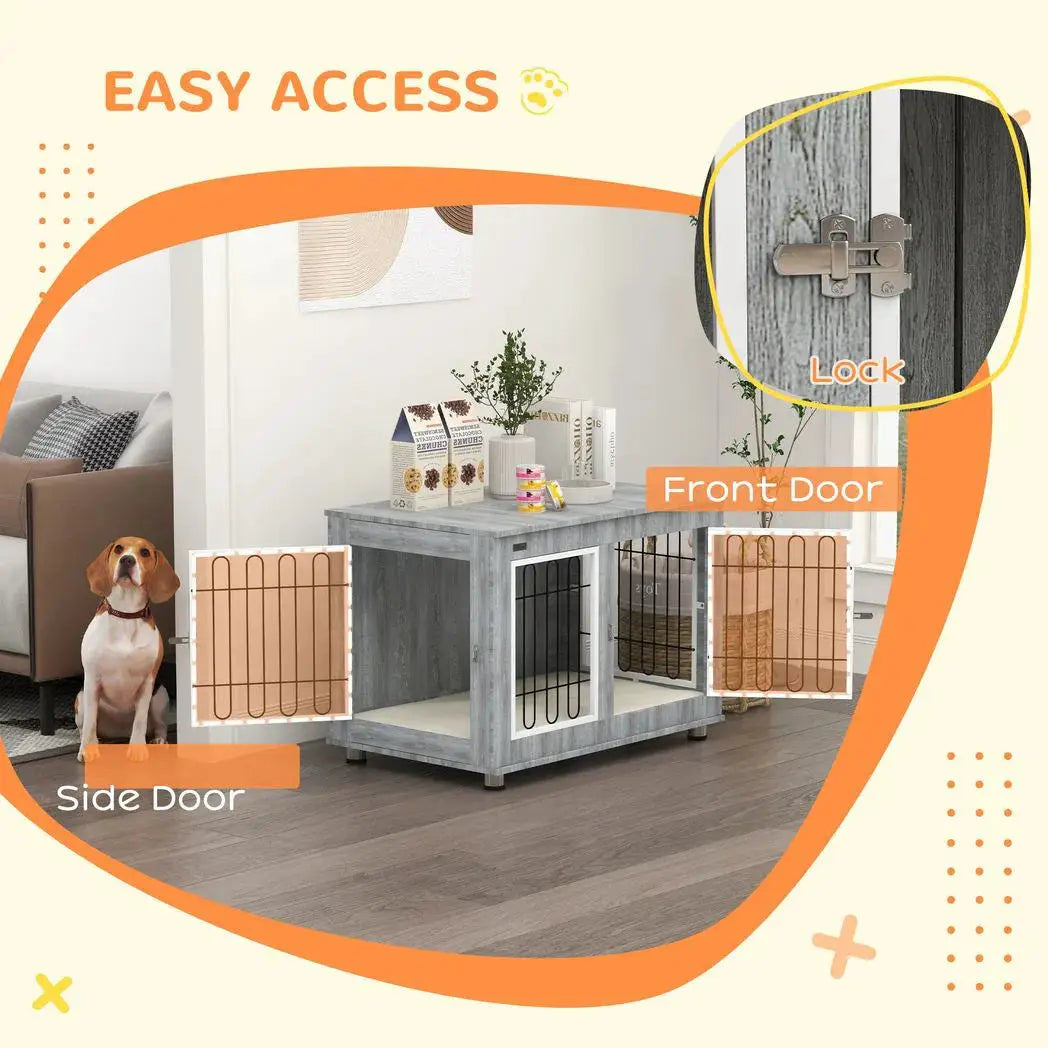 PawHut Dog Crate Furniture End Table, with Washable Cushion, Double Doors, for Medium/Large Dogs, Grey - from PawHut