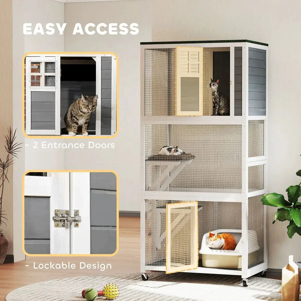 PawHut Wooden Catio Cat Outdoor Enclosure, Cat Cage with Waterproof Roof, Platforms, for Multiple Cats, White - from PawHut