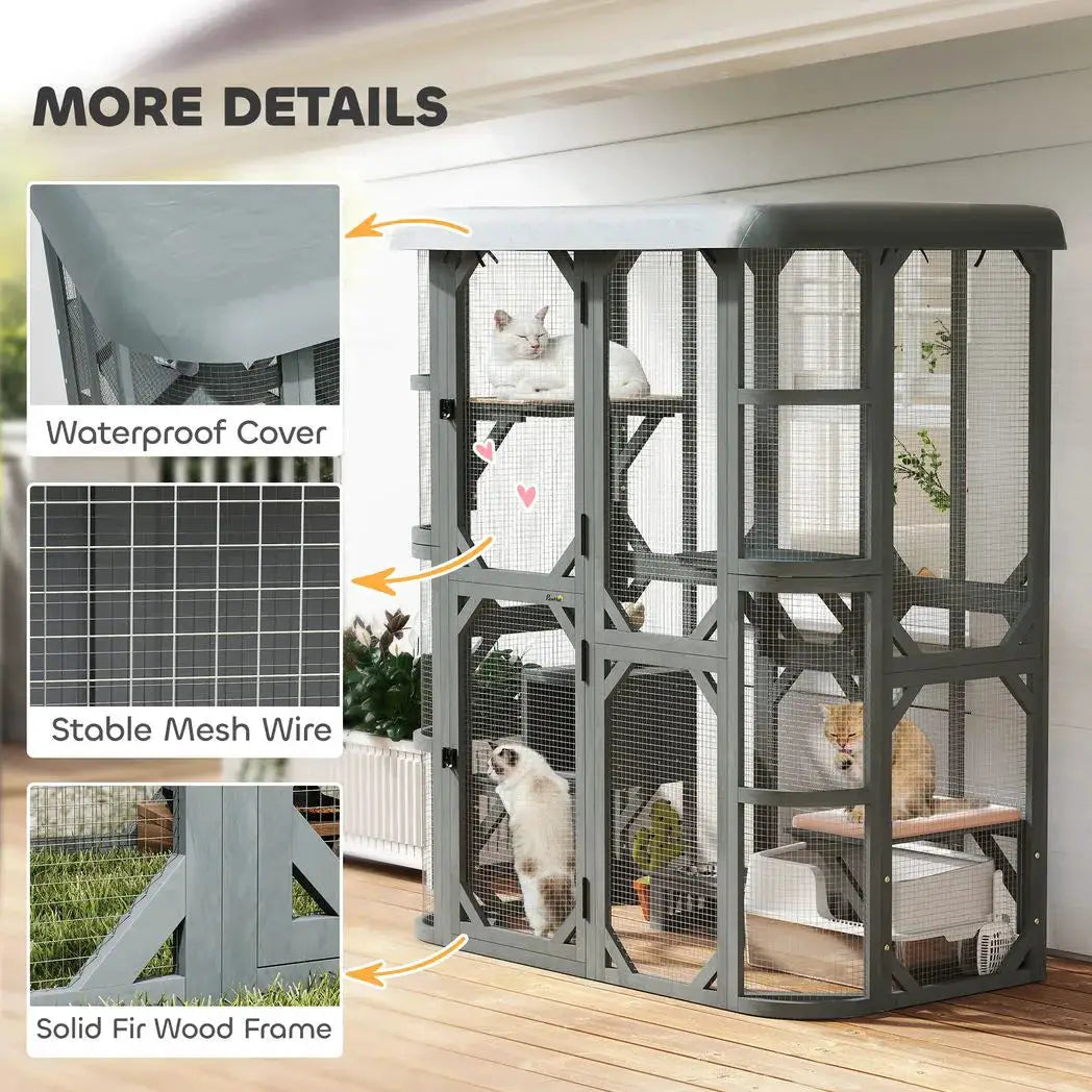 PawHut Catio Outdoor Cat Enclosure, Wooden Cat House with Platforms, Condo and Waterproof Cover for 2?3 Kittens, Grey - from PawHut