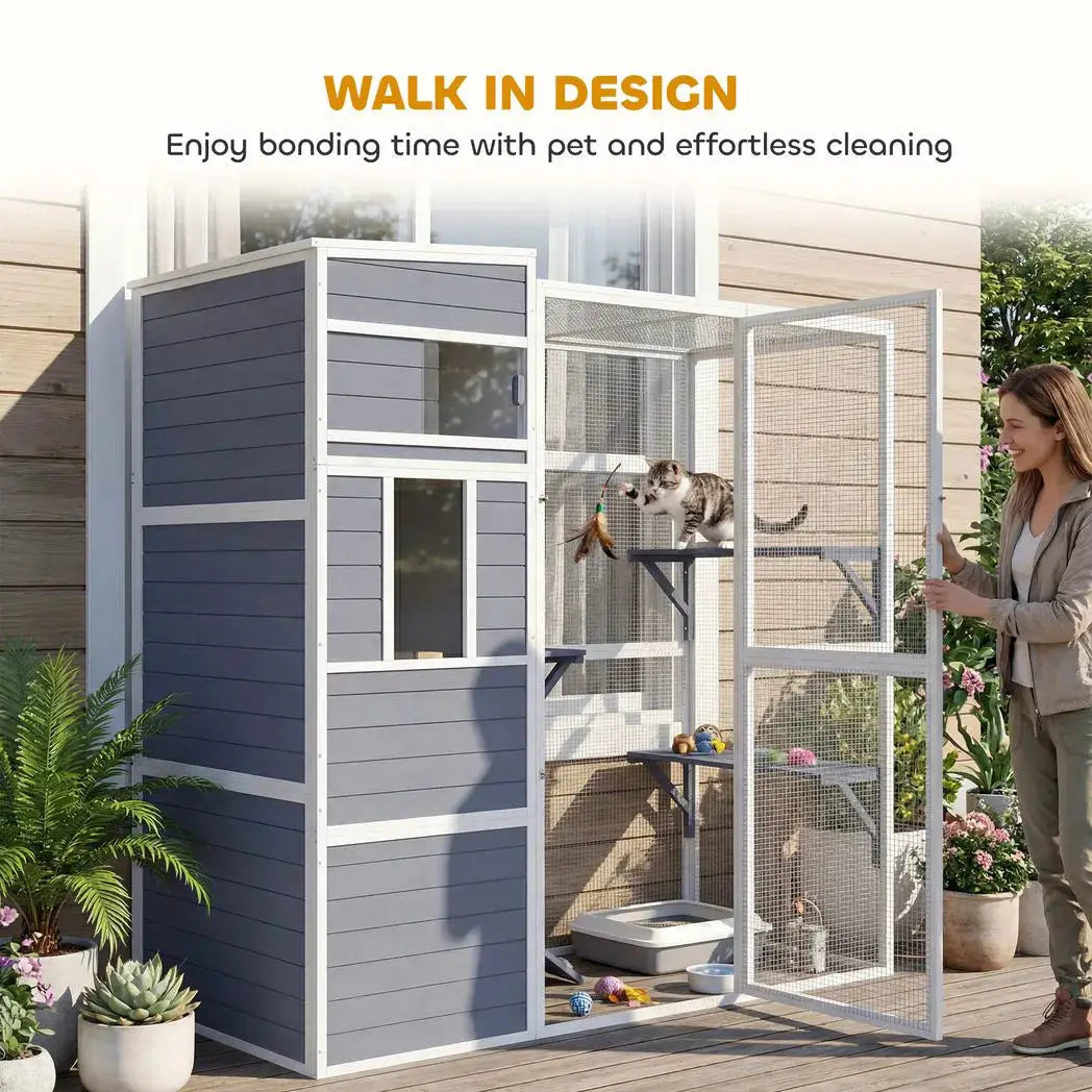 PawHut 4-Tier Wooden Catio Cat Outdoor Enclosure with Sun Roof, Resting Rooms, 3 Platforms, Window Outdoor Indoor, Grey - from PawHut