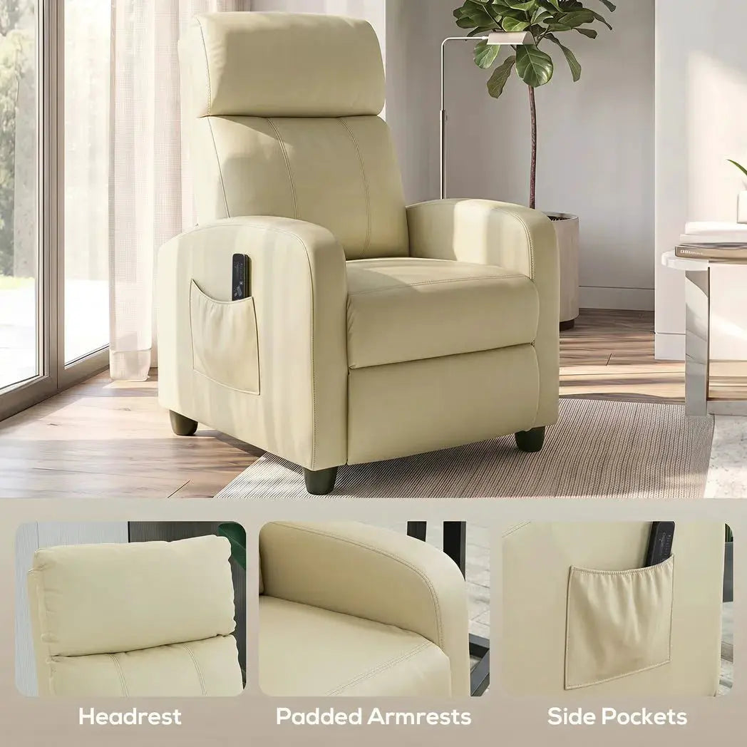 HOMCOM Recliner Armchair, Massage Faux Leather Push Back Reclining Chair with Adjustable Leg Rest, Side Pocket, Cream White - from HOMCOM