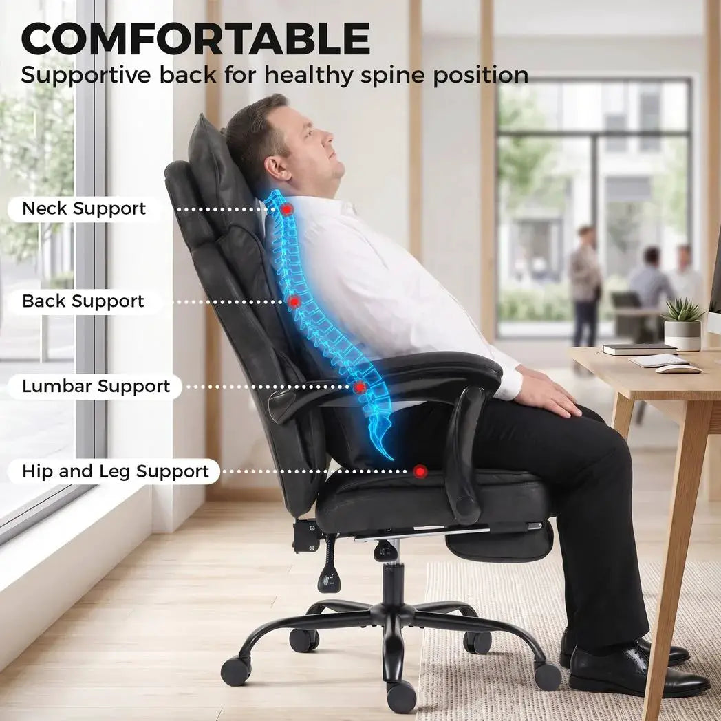 HOMCOM Executive Office Chair, Leathaire Big and Tall Office Chair 180 kg with Wide Seat, Reclining, Lumbar Support, Black - from HOMCOM