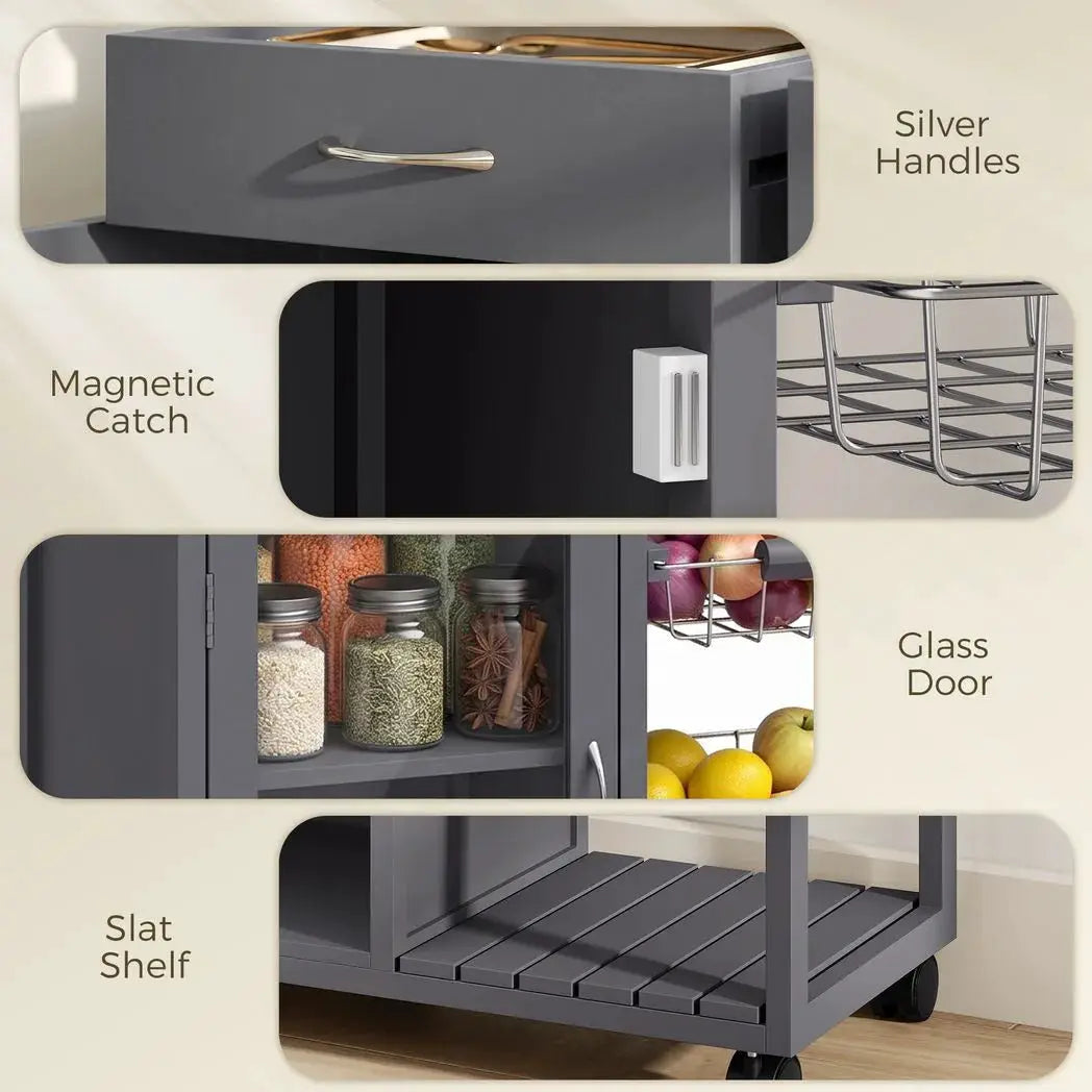 HOMCOM Bamboo Kitchen Island, Rolling Kitchen Trolley with Glass Door, 2 Metal Wire Baskets and Adjustable Shelf, Grey - from HOMCOM