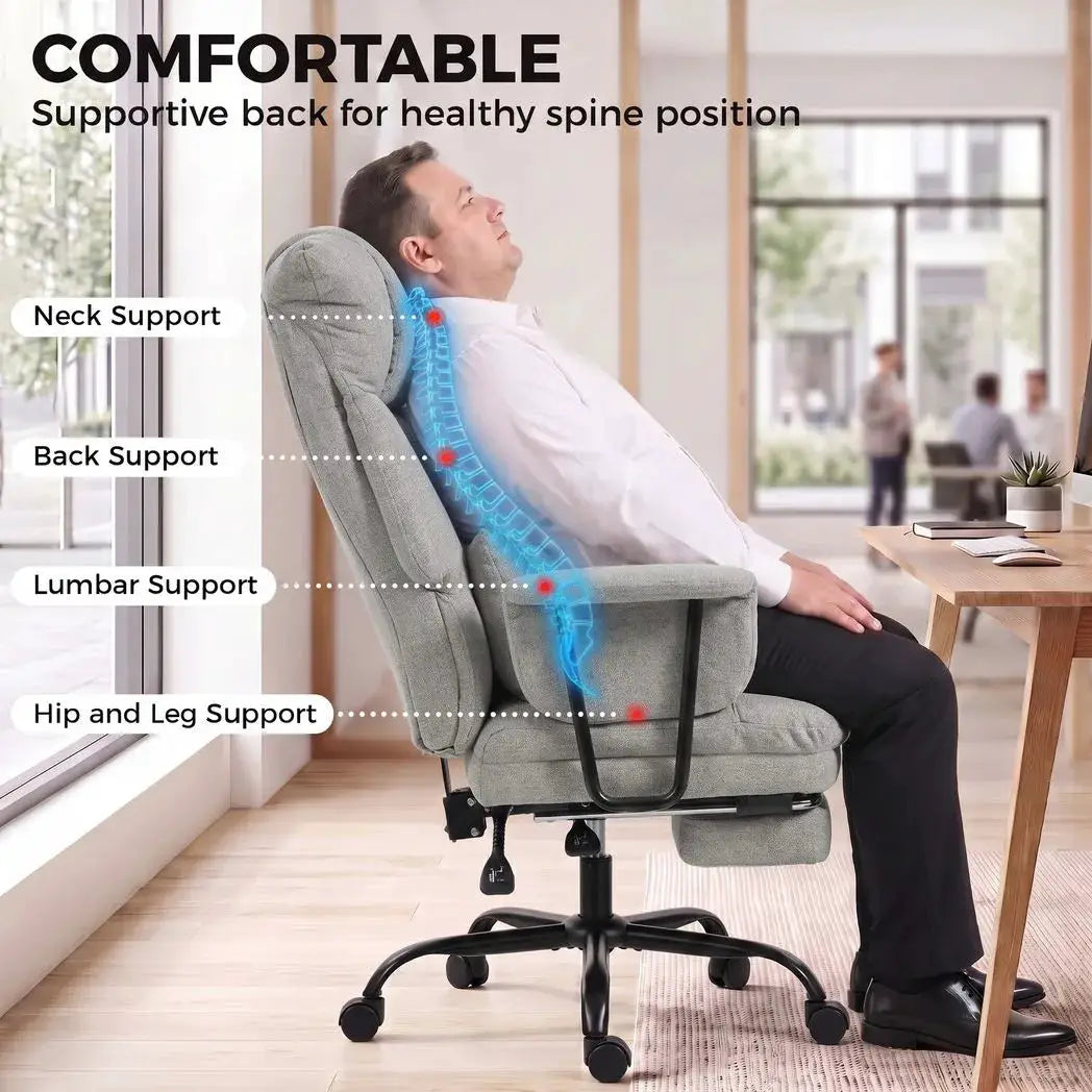 HOMCOM Office Chair, 180kg Heavy Duty Linen Computer Desk Chair with Lumbar Support, Wide Seat, Spring Cushion, Grey - from HOMCOM