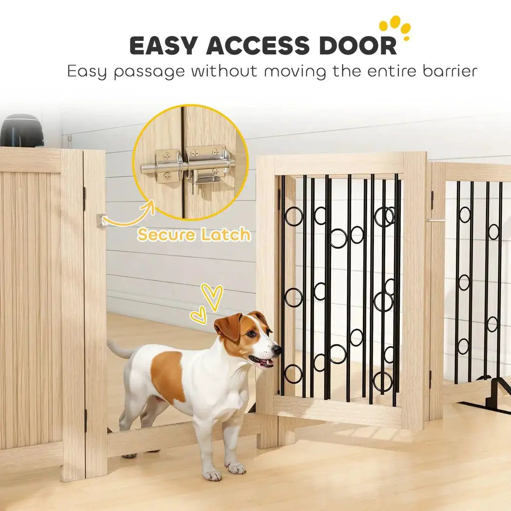 PawHut 4 Panel Freestanding Pet Gate, Indoor Dog Barrier with Lockable Door, Support Feet, 360° Flexible Hinges, Oak - from PawHut