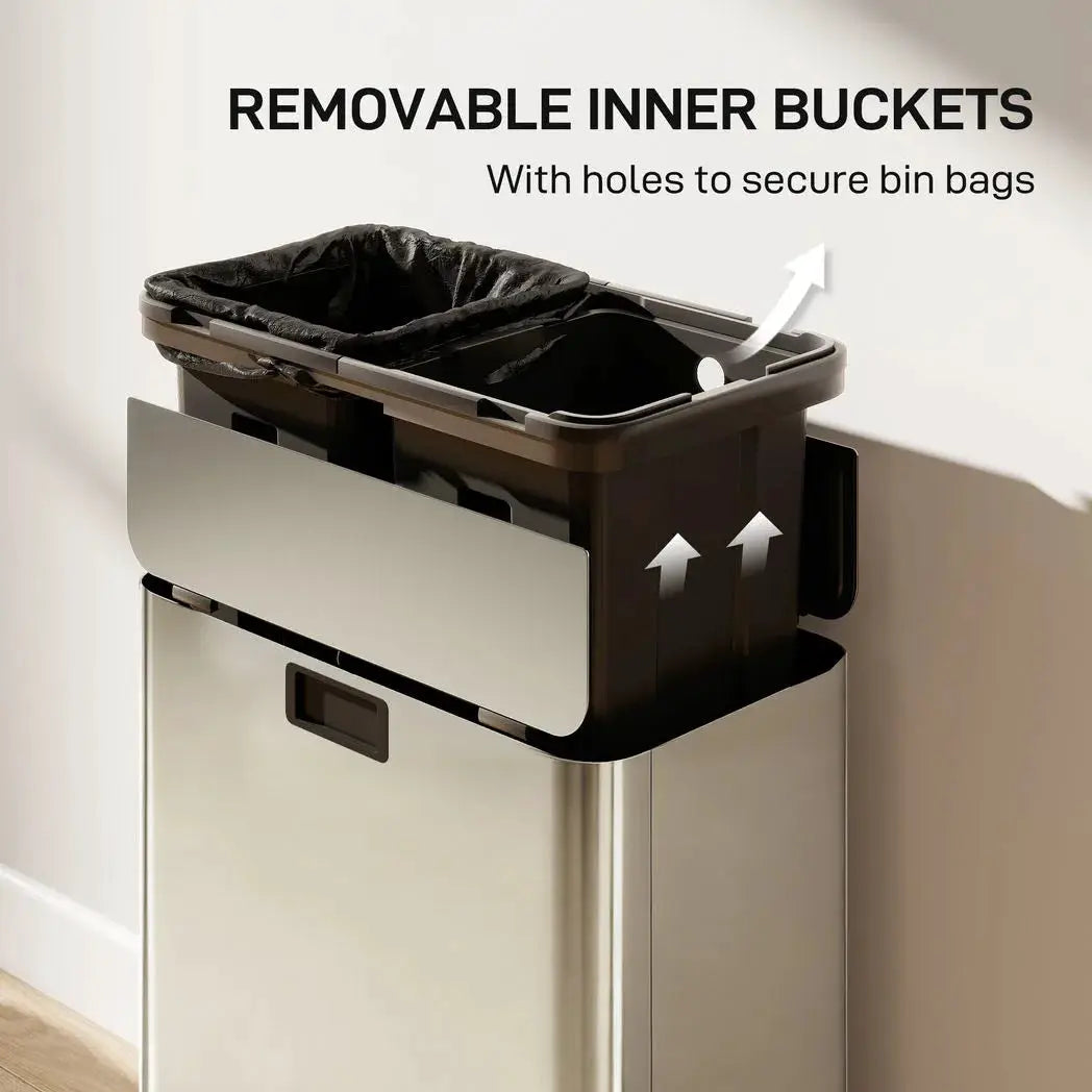 HOMCOM Dual Kitchen Bin with Soft-Close Butterfly Lid, 2 x 28L Stainless Steel Pedal Bin with Removable Inner Buckets, Fingerprint-Proof for Recycling and Waste, Silver Tone - from HOMCOM