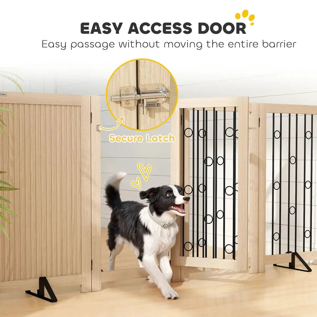 PawHut 4 Panel Freestanding Pet Gate, Indoor Dog Barrier with Lockable Door, Support Feet, 360° Flexible Hinges, Oak - from PawHut