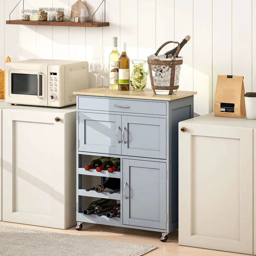 HOMCOM Modern Kitchen Trolley, Rolling Island Storage Cart with Drawer, 9-bottle Wine Rack, Door Cabinets, Wooden Countertop, Grey - from HOMCOM