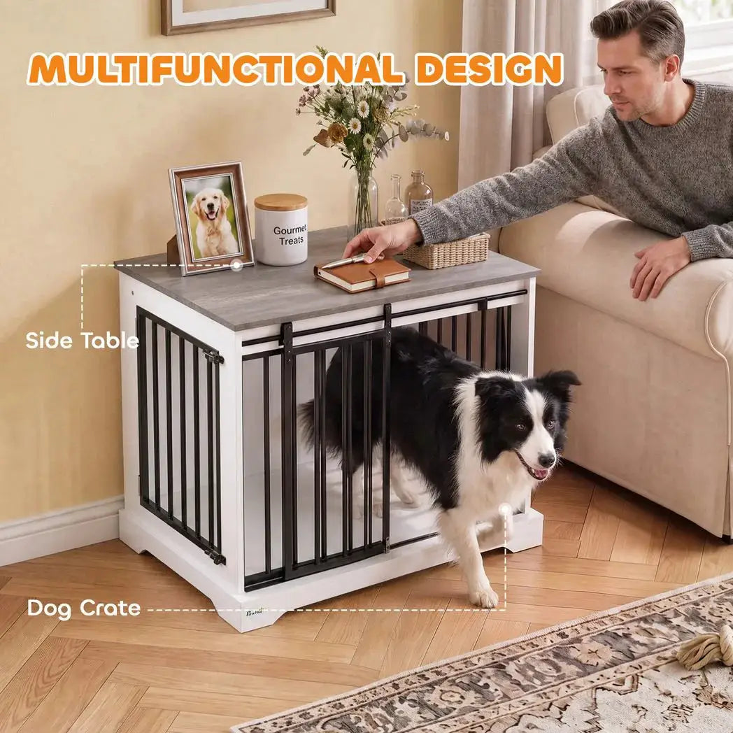 PawHut 80 cm Dog Crate Furniture with Sliding Barn Door for Medium Dogs, White - from PawHut