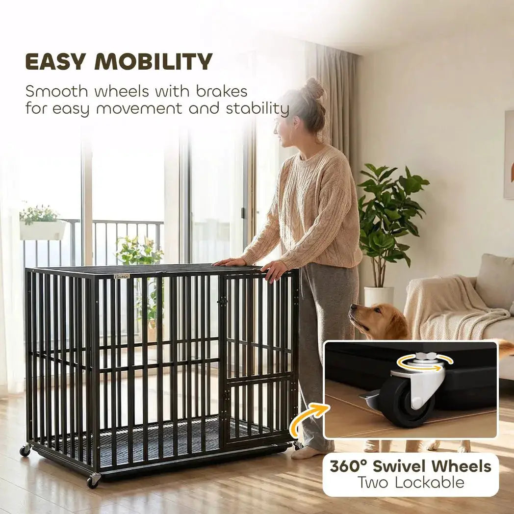 PawHut Heavy Duty Dog Crate, Dog Cage with Wheels for Medium Large Breeds, Metal Pet Kennel with Removable Tray - from PawHut