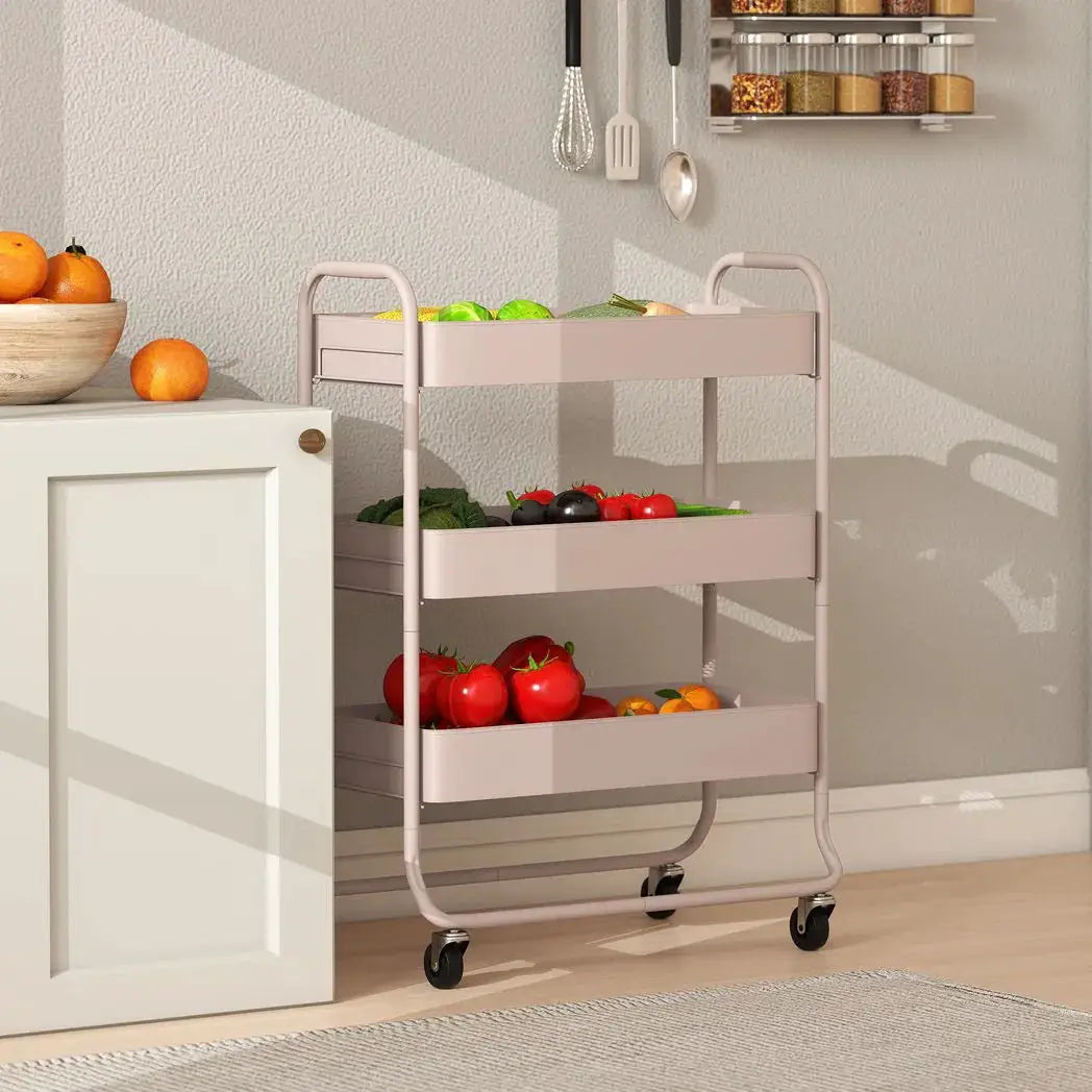 HOMCOM 3-Tier Storage Trolley on Wheels, Rolling Utility Cart with Mesh Backets for Kitchen, Bathroom, Bedroom, Light Pink - from HOMCOM