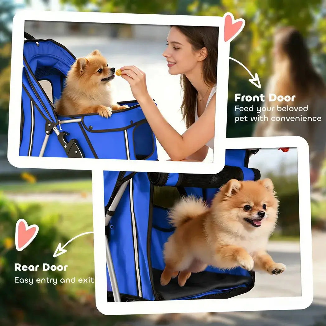 PawHut Dog Pram, Pet Stroller with Reflective Strips, Foldable Cat Stroller with 360° Swivel Wheels, Blue - from PawHut
