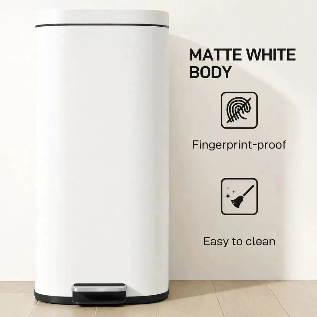 HOMCOM 30L Kitchen Bin, Compact Pedal Bin with Soft-Close and Stay-Open Lid, Removable Bucket for Kitchen, Home, Office, White - from HOMCOM