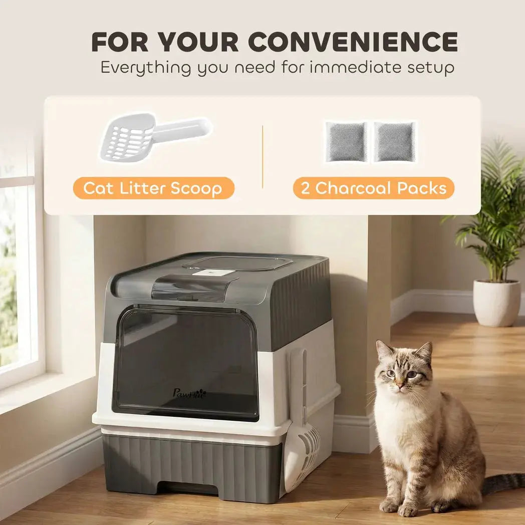 PawHut Enclosed Cat Litter Box with Lid, Pull-Out Drawer Tray, Scoop, 2 Deodorisation Bags, Front Entry & Top Exit, Grey - from PawHut