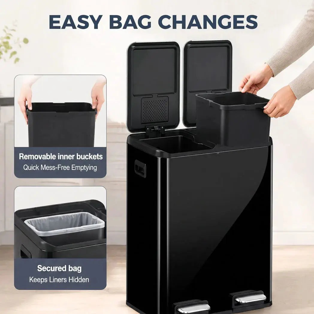 HOMCOM 2 x 30L Double Kitchen Bin, Stainless Steel Pedal Rubbish Bin with Dual Compartments, Soft Close Lids, High Gloss Black - from HOMCOM