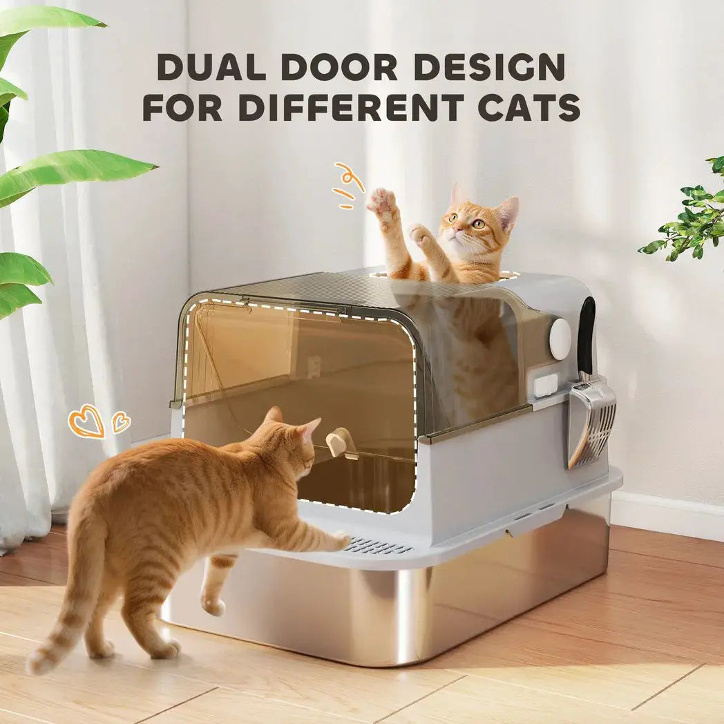 PawHut XXL Stainless Steel Cat Litter Tray, Enclosed Cat Litter Box with 90° Flip Cover, Double Doors, Scoop, Easy Clean, Grey - from PawHut