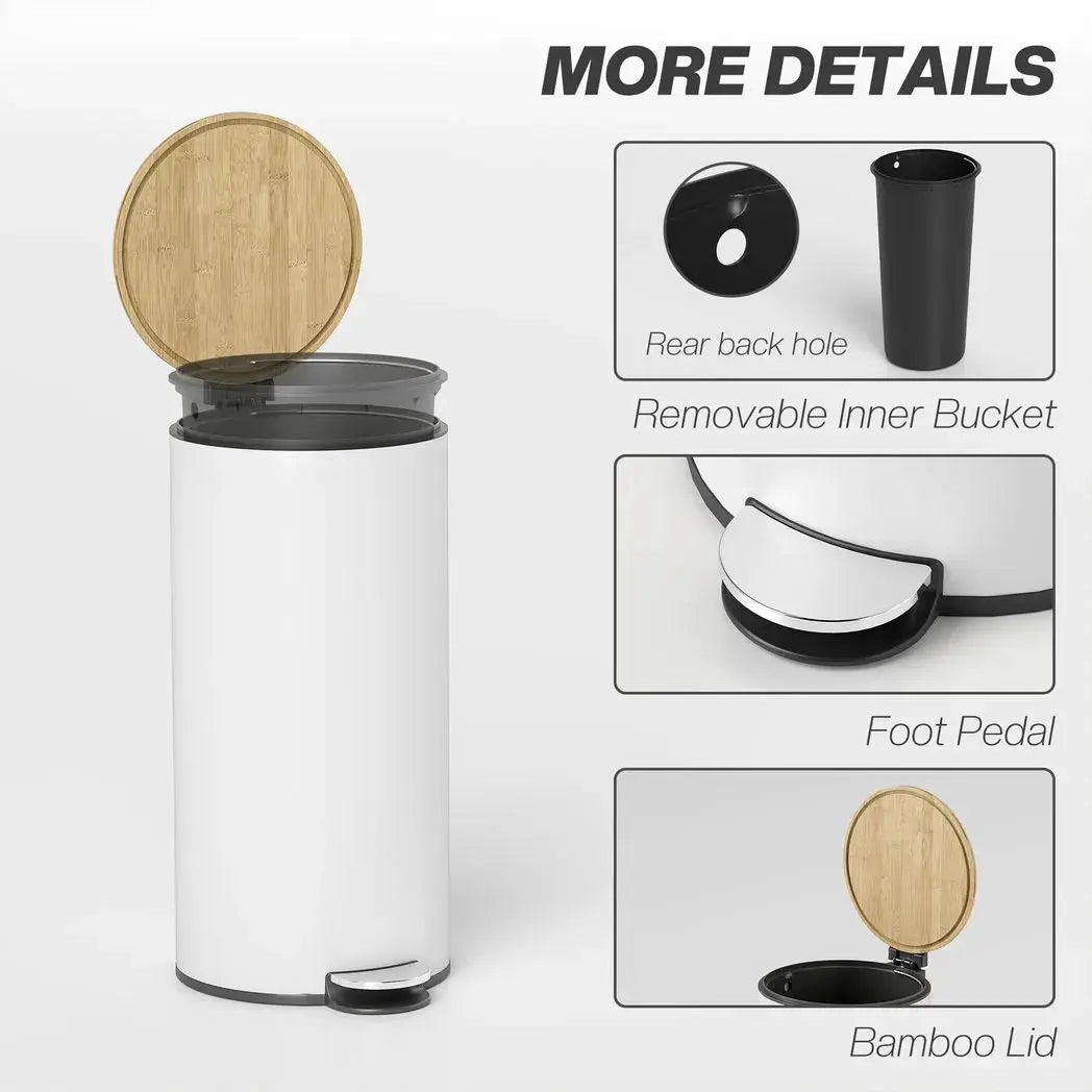 HOMCOM Kitchen Bin, 30 Litre Pedal Rubbish Bin with Removable Bucket, White and Natural - from HOMCOM