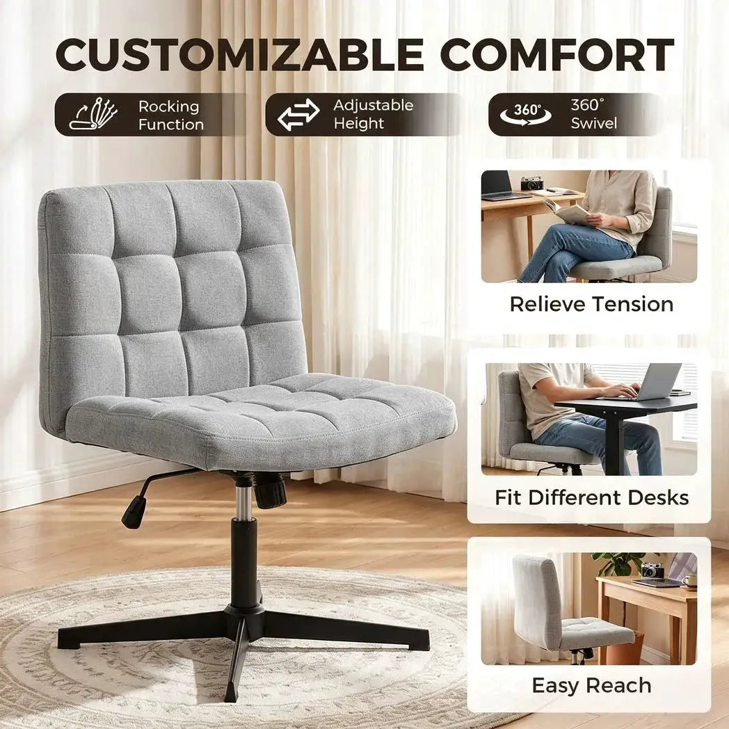 HOMCOM Armless Office Chair, Cross Legged Linen Computer Desk Vanity Chair with Wide Seat, Rocking Function, Grey - from HOMCOM
