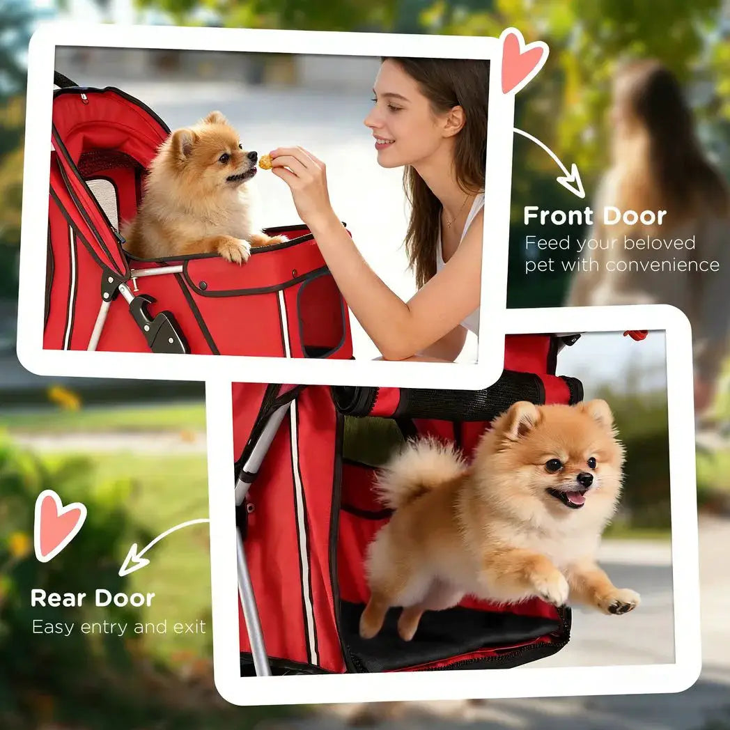 PawHut Dog Pram, Pet Stroller with Reflective Strips, Foldable Cat Stroller with 360° Swivel Wheels, Red - from PawHut