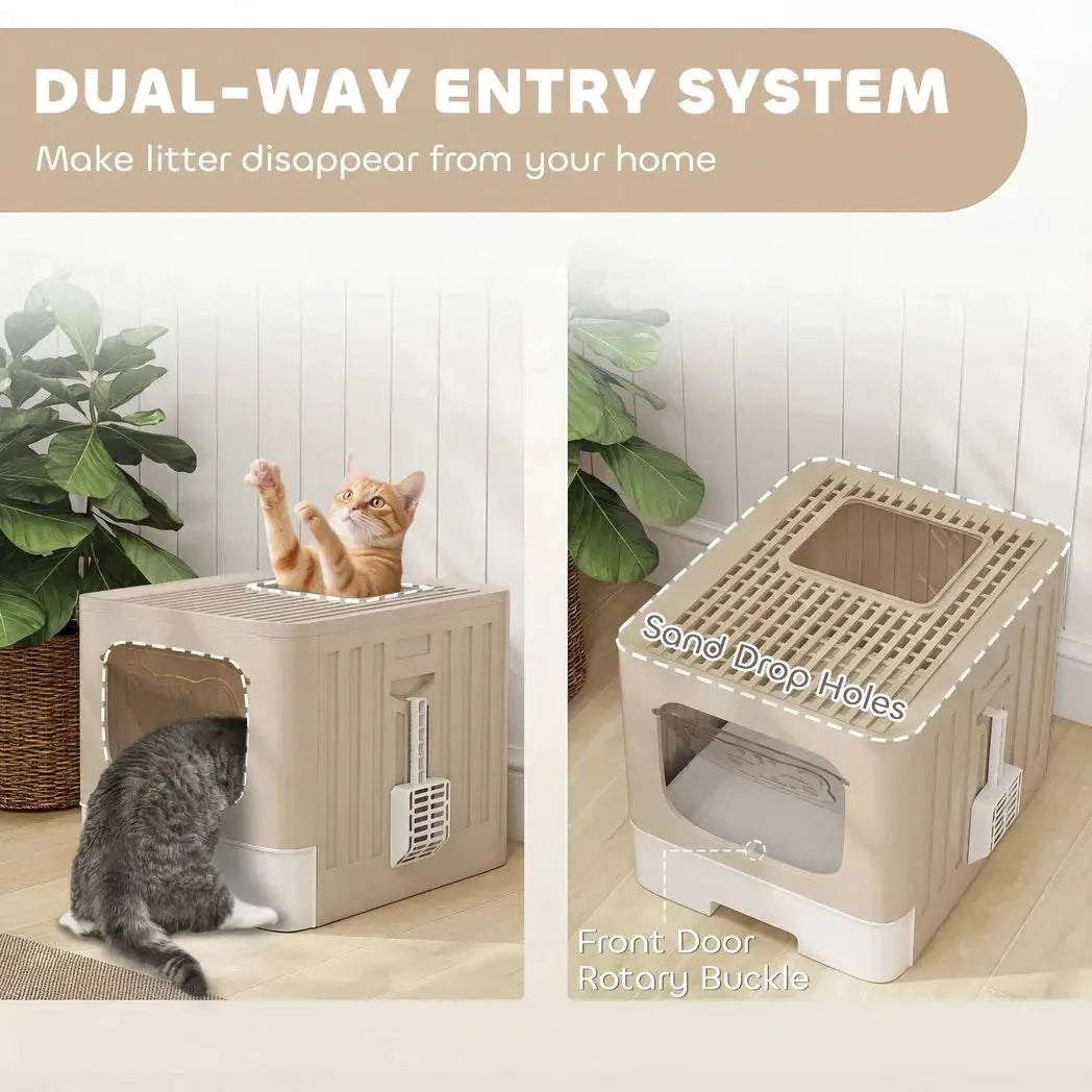 PawHut Cat Litter Box with Lid, Slide-Out Drawer, Scoop, Easy Clean, Odour Control, Anti-Splashing, Khaki - from PawHut