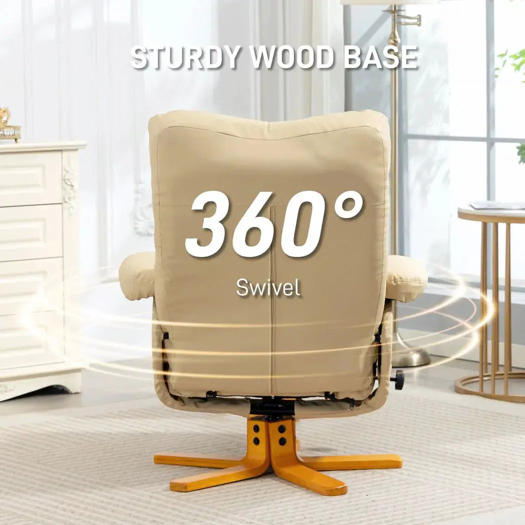 HOMCOM PU Leather Swivel Recliner Chair with Footstool, Wooden Base and Storage for Living Room, Beige - from HOMCOM