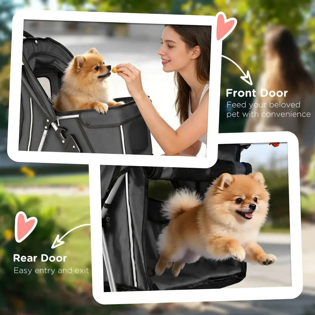 PawHut Dog Stroller, 3 Wheels Foldable Pet Stroller with Adjustable Canopy, Storage Basket for Small Mini Breeds, Dark Grey - from PawHut